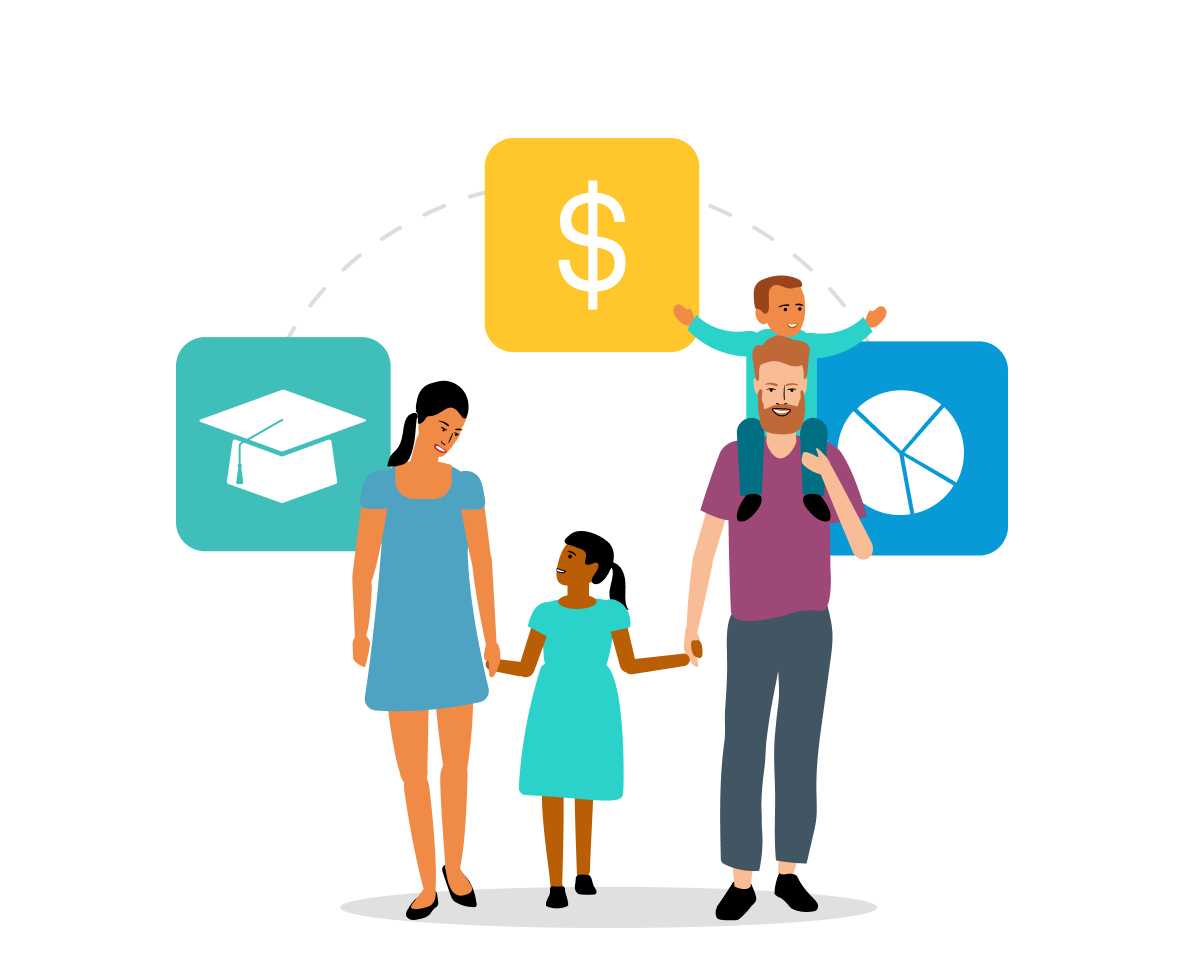 Illustration of a family with two parents and two children, with icons above representing education, money, and investment.