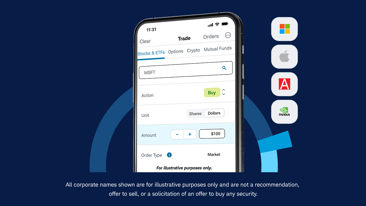 Banner promoting fractional shares stating invest in U.S. stocks and ETFs for as little as $1, with a mobile trading app and ‘See how it works’ button.