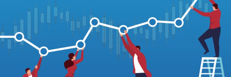 Illustration of people interacting with dots on a stock chart line.