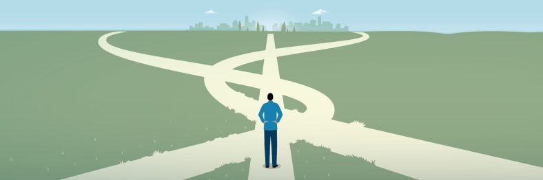 Illustration of a man trying to choose a path to walk down