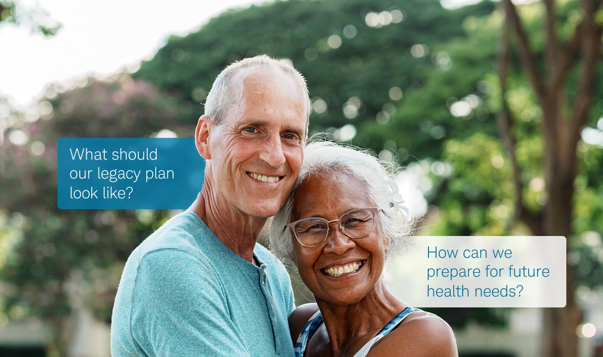 An older couple smiling and embracing outdoors. Speech bubbles beside them read: "What should our legacy plan look like?" and "How can we prepare for future health needs?"