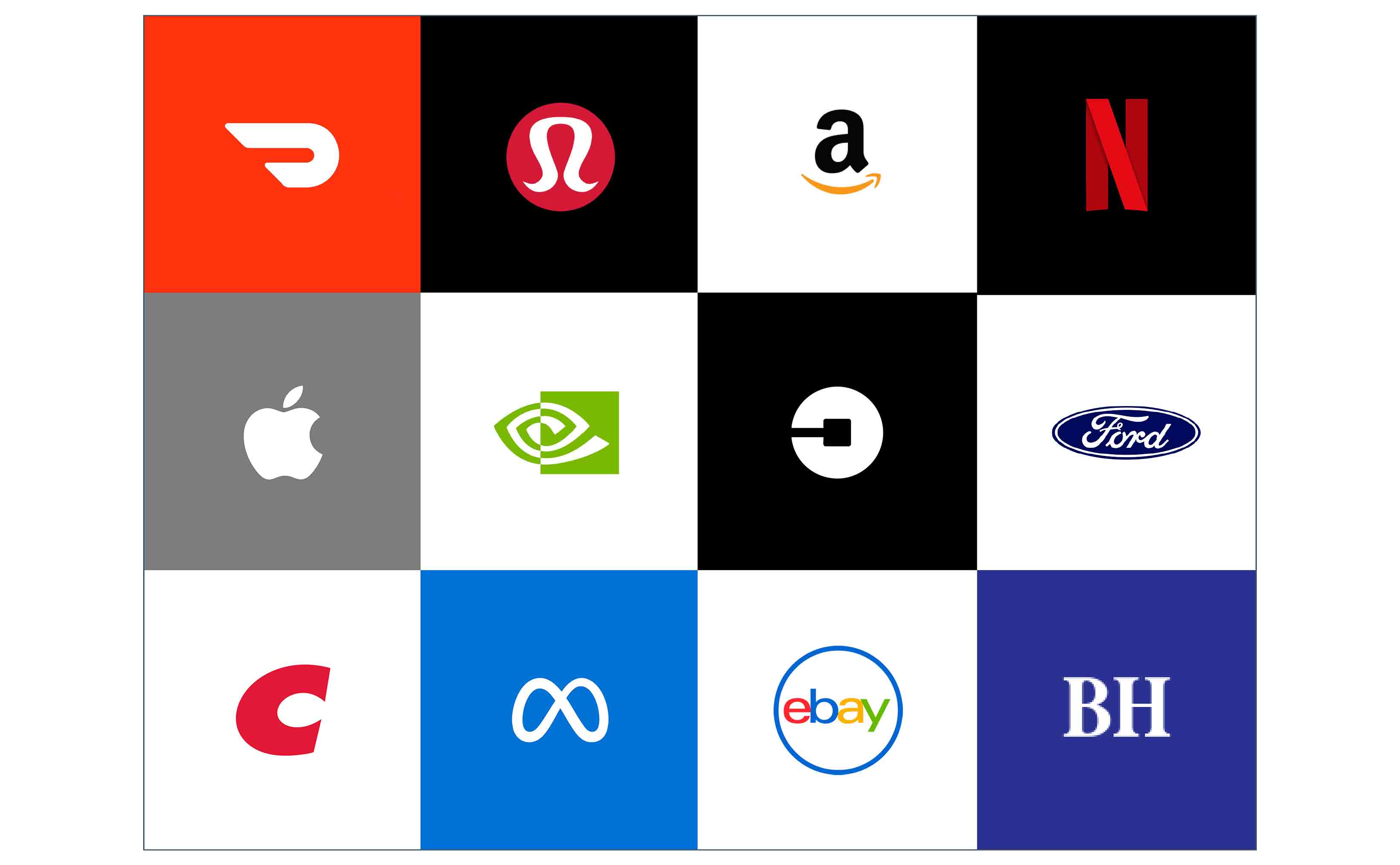 Graphic made up of multiple company logos: Meta, Uber, Apple, Netflix, Lululemon, Costco, DoorDash, Amazon, NVIDIA, Ford, ebay, and Berkshire Hathaway. These represent a sample of large, publicly traded companies.