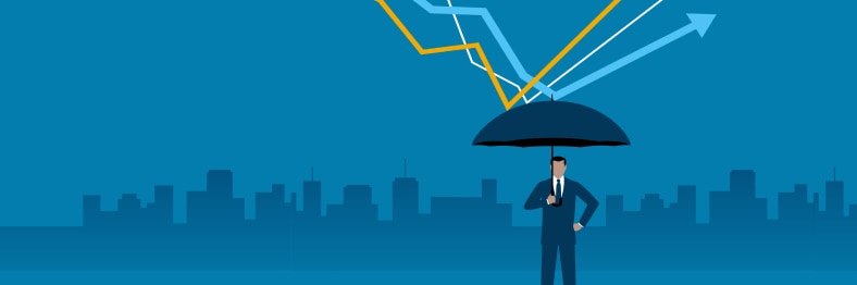 Illustration of chart lines hitting a man's umbrella.