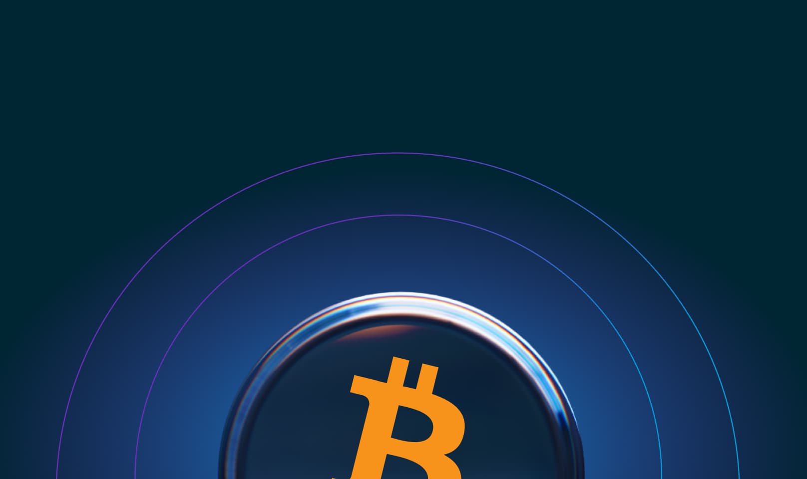 Stylized Bitcoin symbol inside a glass-like button against a dark blue gradient background