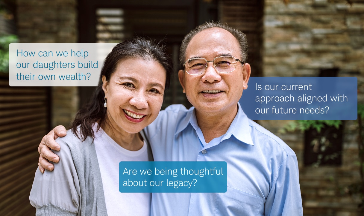 A smiling couple standing arm in arm outdoors. Speech bubbles beside them read: "How can we help our daughters build their own wealth?", "Is our current approach aligned with our future needs?", and "Are we being thoughtful about our legacy?"  