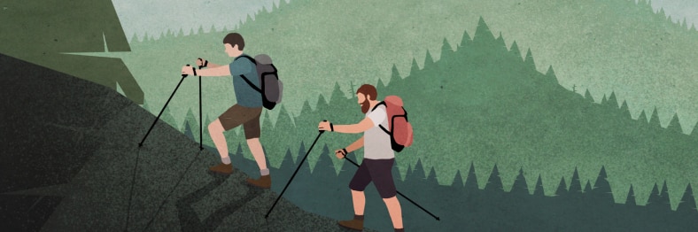 Illustration of hikers ascending a mountain.