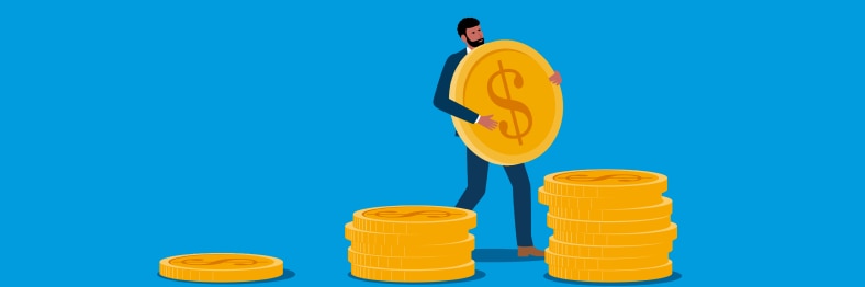 Illustration of man carrying a large coin from one stack to another.