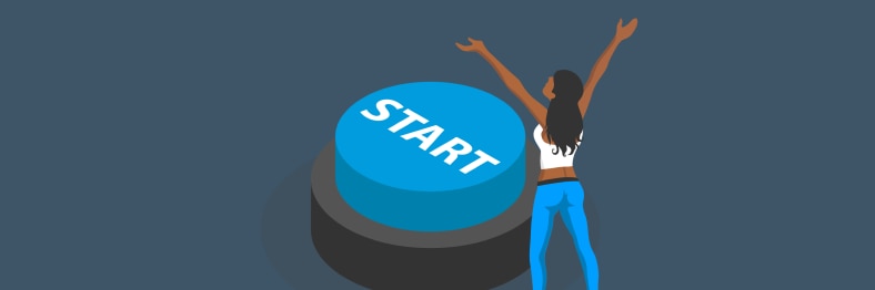 Illustration of a woman pushing a large Start button.