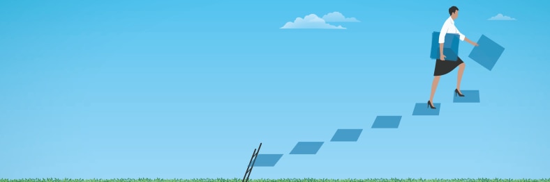 Illustration of a woman ascending stairs in the sky.
