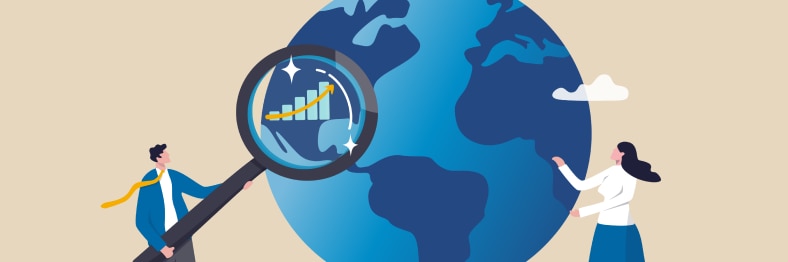 Illustration of two people looking at a massive globe.