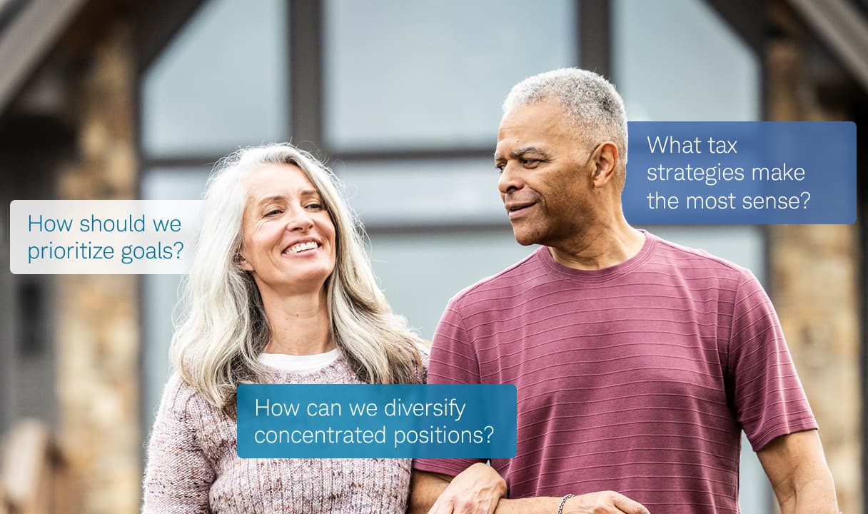 A couple walking together outdoors, smiling at each other. Speech bubbles beside them read: "How should we prioritize goals?", "How can we diversify concentrated positions?", and "What tax strategies make the most sense?"