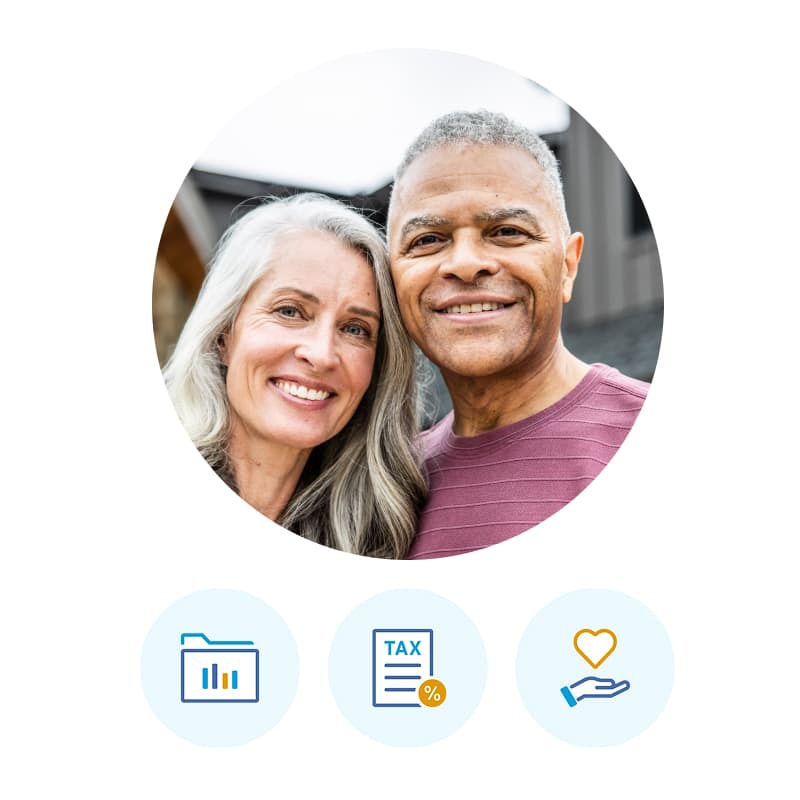 A circular photo of a couple smiling at the camera. Below the photo are three icons: a chart folder, a tax document, and a hand holding a heart.