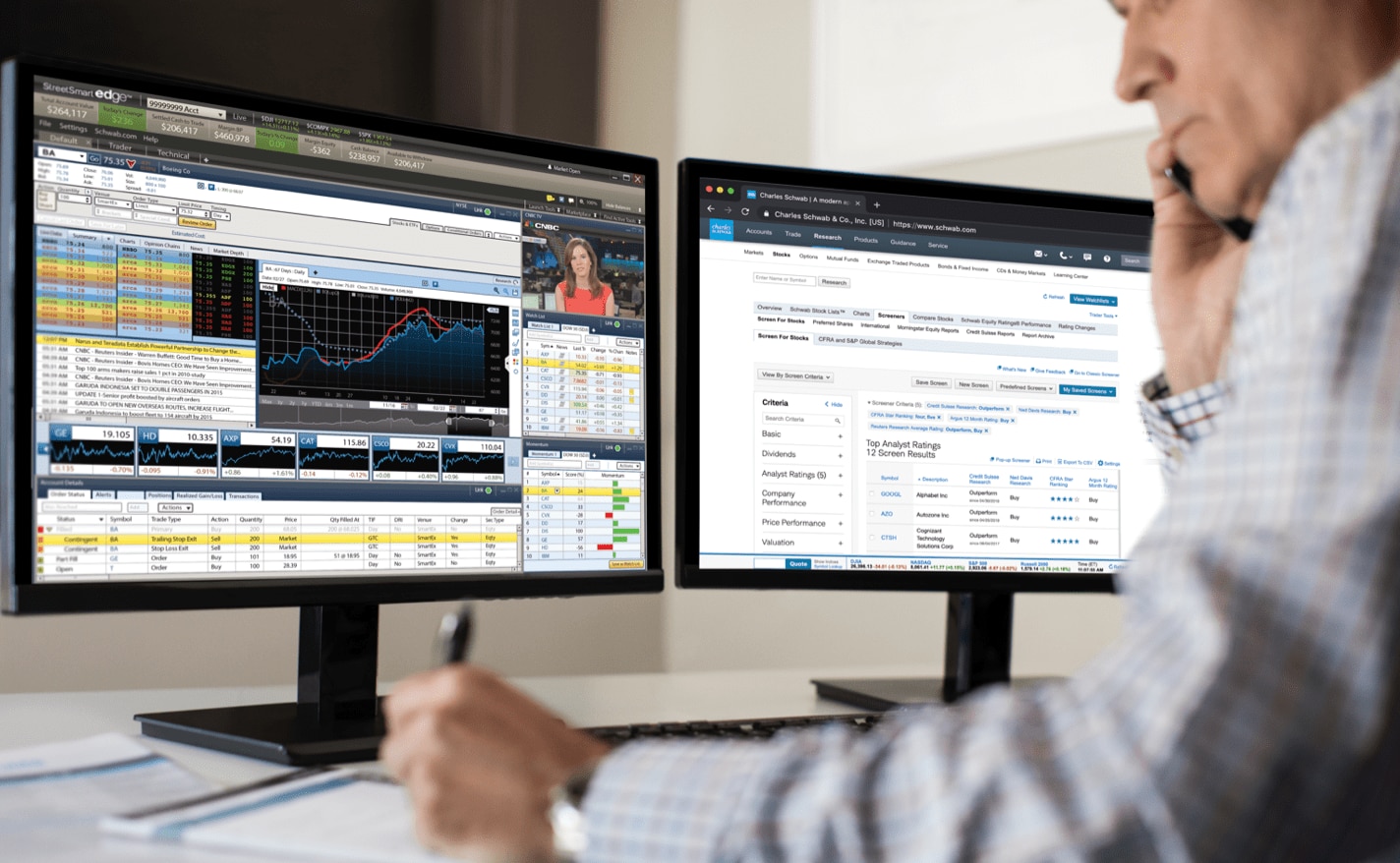 Male trader using StreetSmart Edge on dual monitors