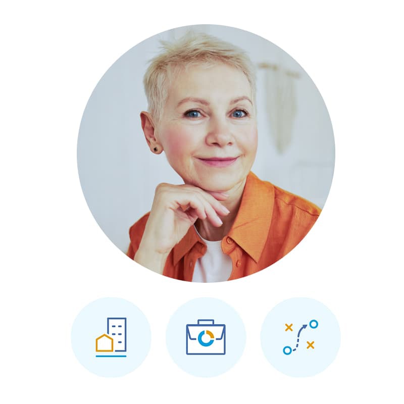 A circular photo of the same woman smiling with her chin resting on her hand, wearing an orange shirt. Below the photo are three icons: a building, a briefcase, and a strategy diagram.