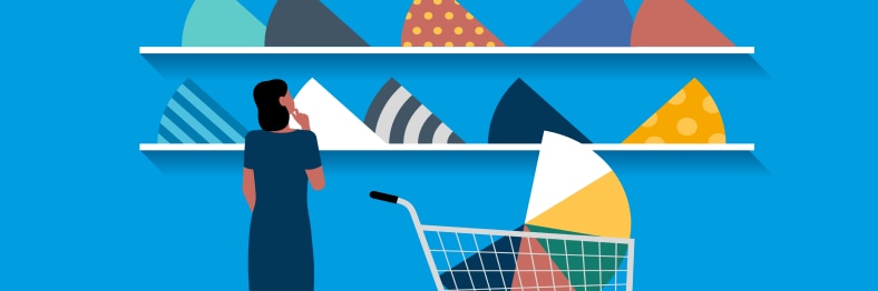 Illustration of a woman inspecting pieces of a portfolio.