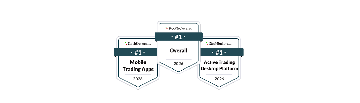 Three StockBrokers.com medallions highlight Schwab as the 2026 #1 Mobile Trading App, the 2026 #1 Active Trading Desktop Platform, and 2026 #1 Overall.