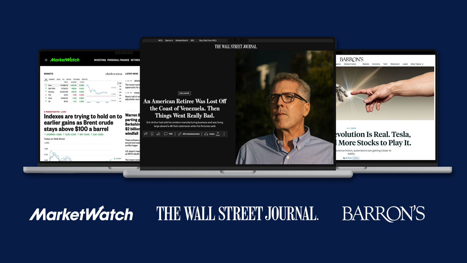 The home page for MarketWatch, The Wall Street Journal, and Barron's displayed on three separate laptops.