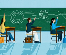 Students seated at desks in a classroom, raising their hands in front of a chalkboard with cryptocurrency symbols and digital circuit drawings.
