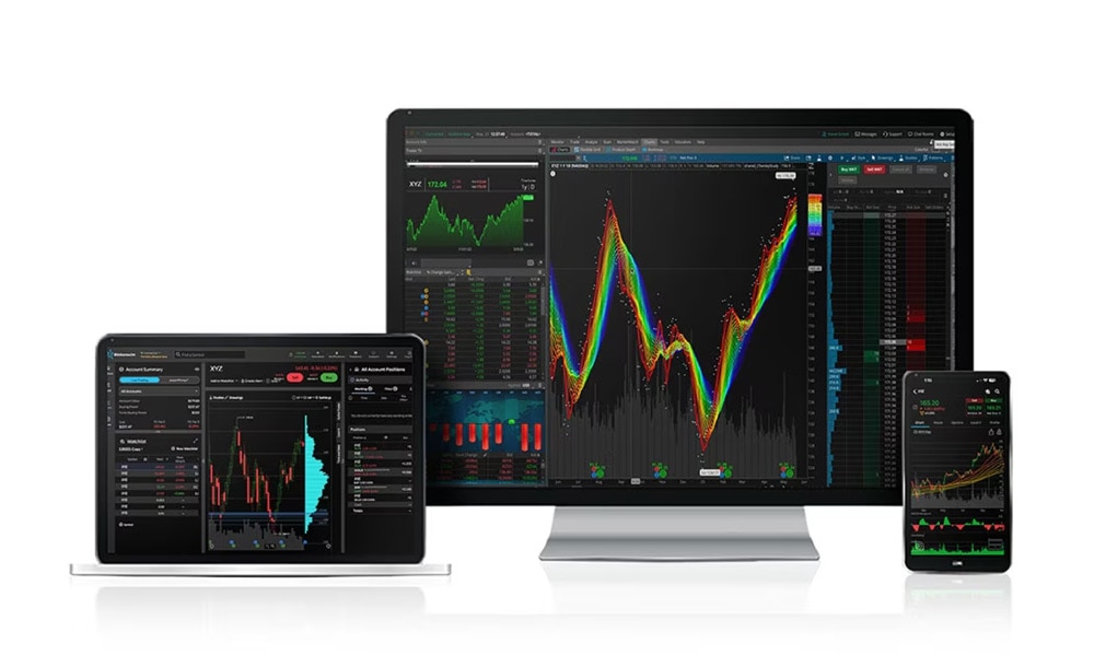 Laptop, desktop, and mobile phone showing the thinkorswim platforms.