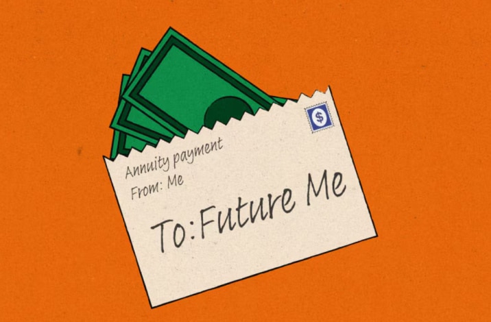 Illustration of an envelope labeled “Annuity Payment” and addressed to “Future Me” placed over a stack of dollar bills.