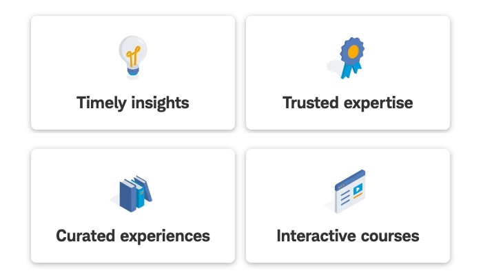 An image highlighting Schwab’s education resources: timely insights, trusted expertise, curated experiences, and interactive courses.