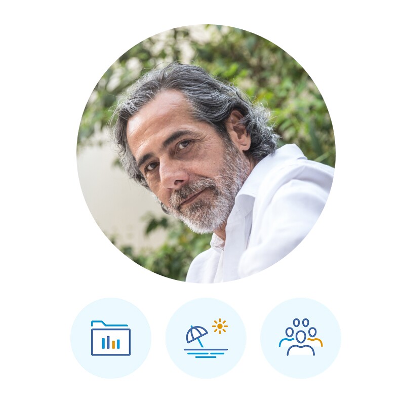 A circular photo of the same man smiling, wearing a white shirt. Below the photo are three icons: a file folder, an umbrella and sunshine image, and a group of people.