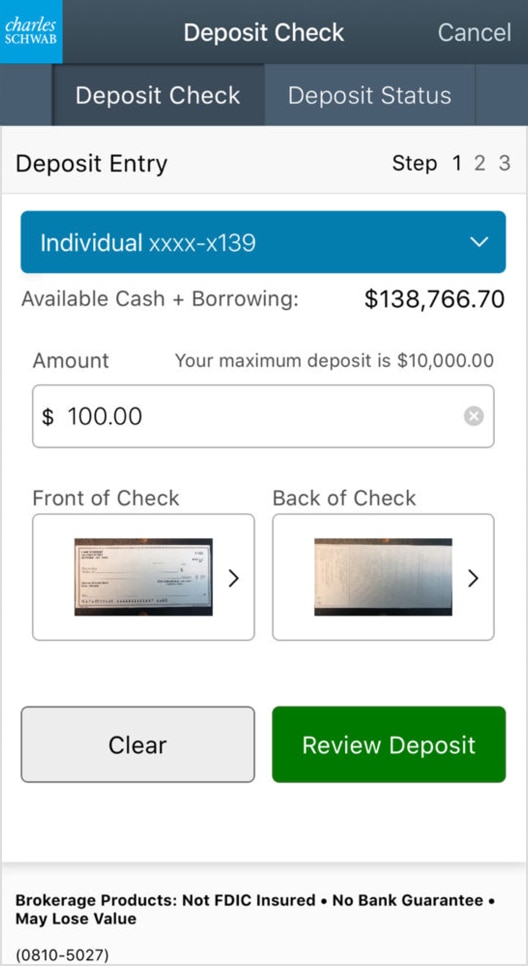 Example of a mobile deposit