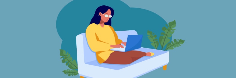 Illustration of a woman sitting on a couch with a laptop