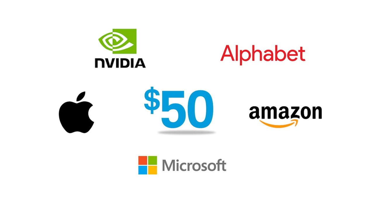 Logos of NVIDIA, Alphabet, Amazon, Microsoft, and Apple surround an illustration of $50.