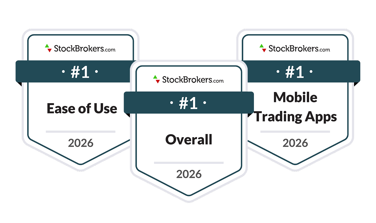 Three StockBrokers.com 2026 award badges for Charles Schwab: #1 Ease of Use, #1 Overall, and #1 Mobile Trading Apps.